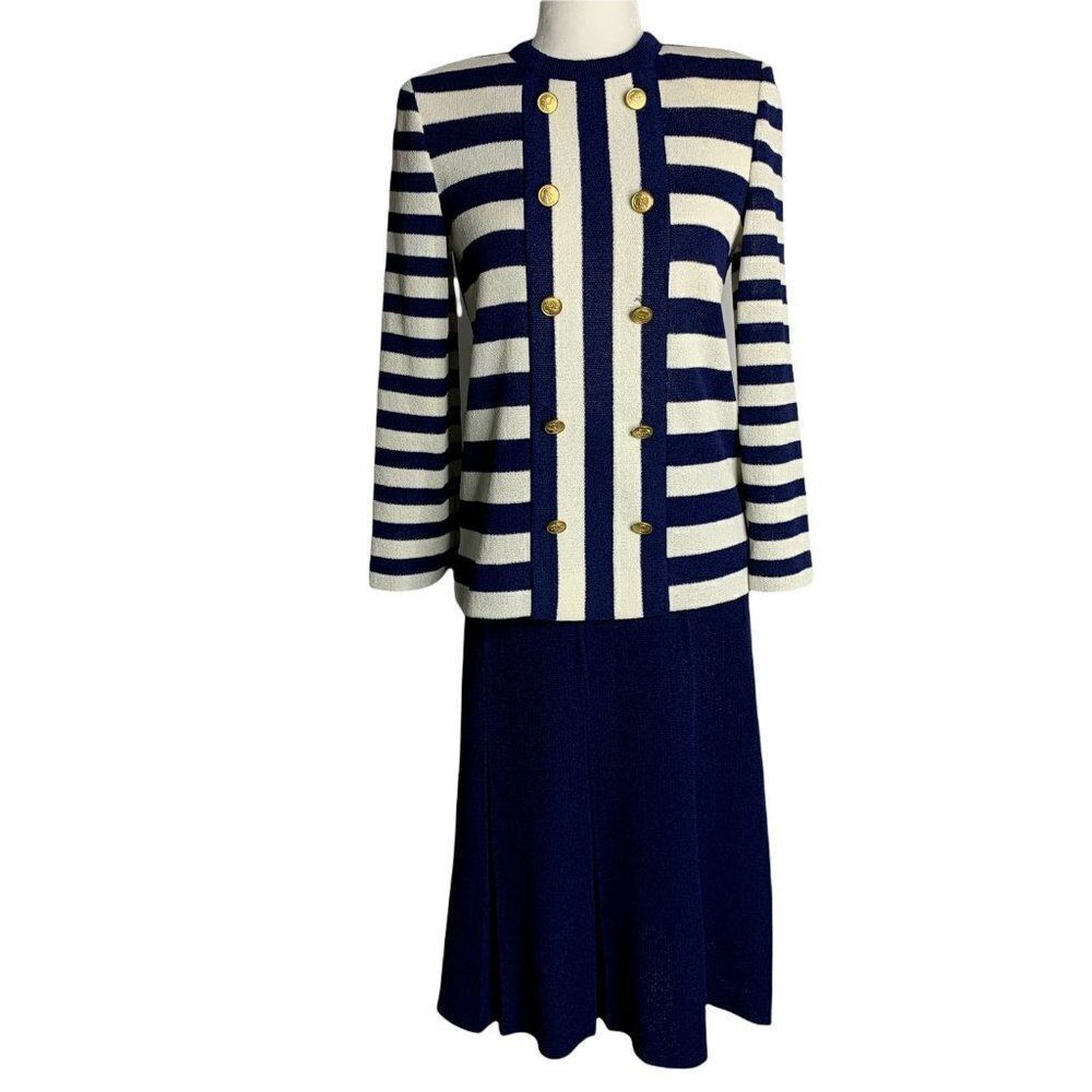 Vintage Castleberry Knit Top Skirt Set S Blue White Striped Nautical Designer